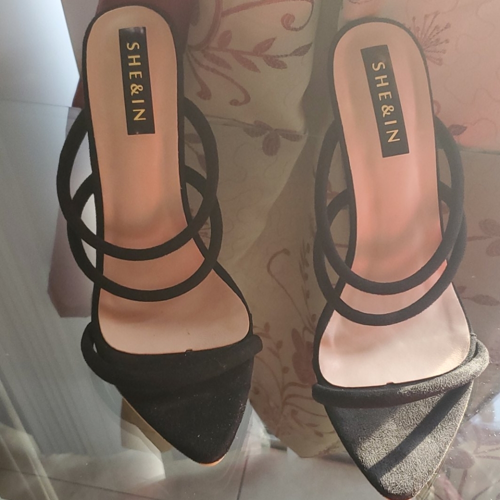 Open toe black high heels